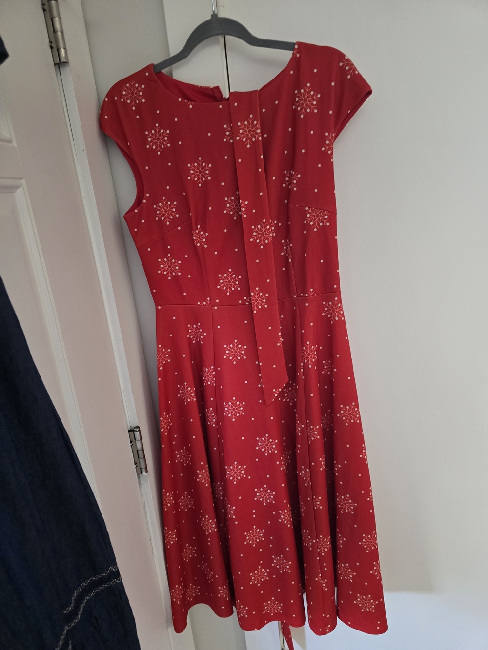 Red Cap-Sleeve Fit & Flare Dress with Embellished Snowflake Print